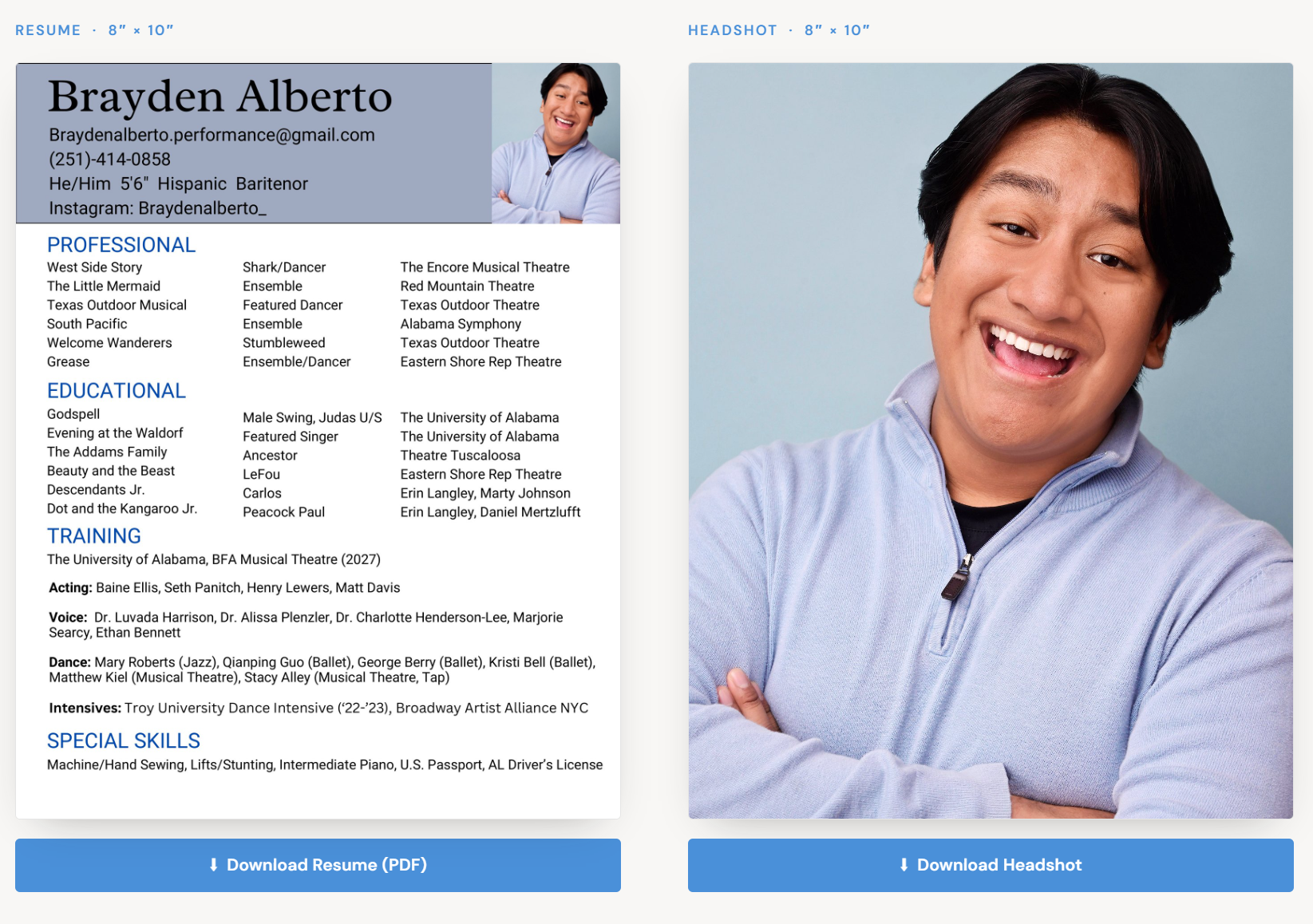 Screenshot of a musical theatre performer portfolio site — figure 5