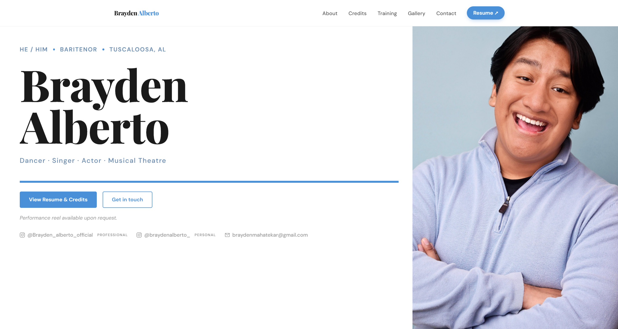 Screenshot of a musical theatre performer portfolio site — figure 1