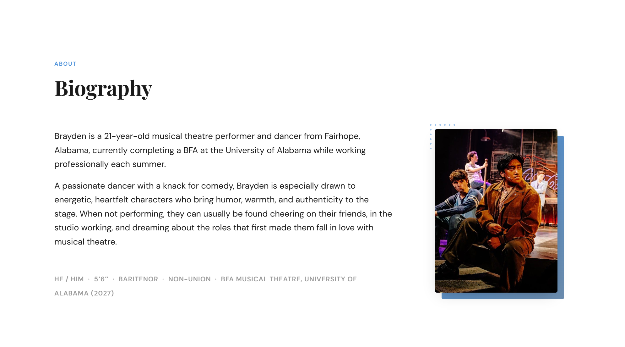 Screenshot of a musical theatre performer portfolio site — figure 2